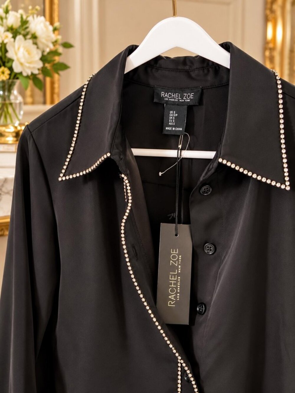 Rachel Zoe Black Satin Button-Down Blouse Rhinestone Trim Small NWT